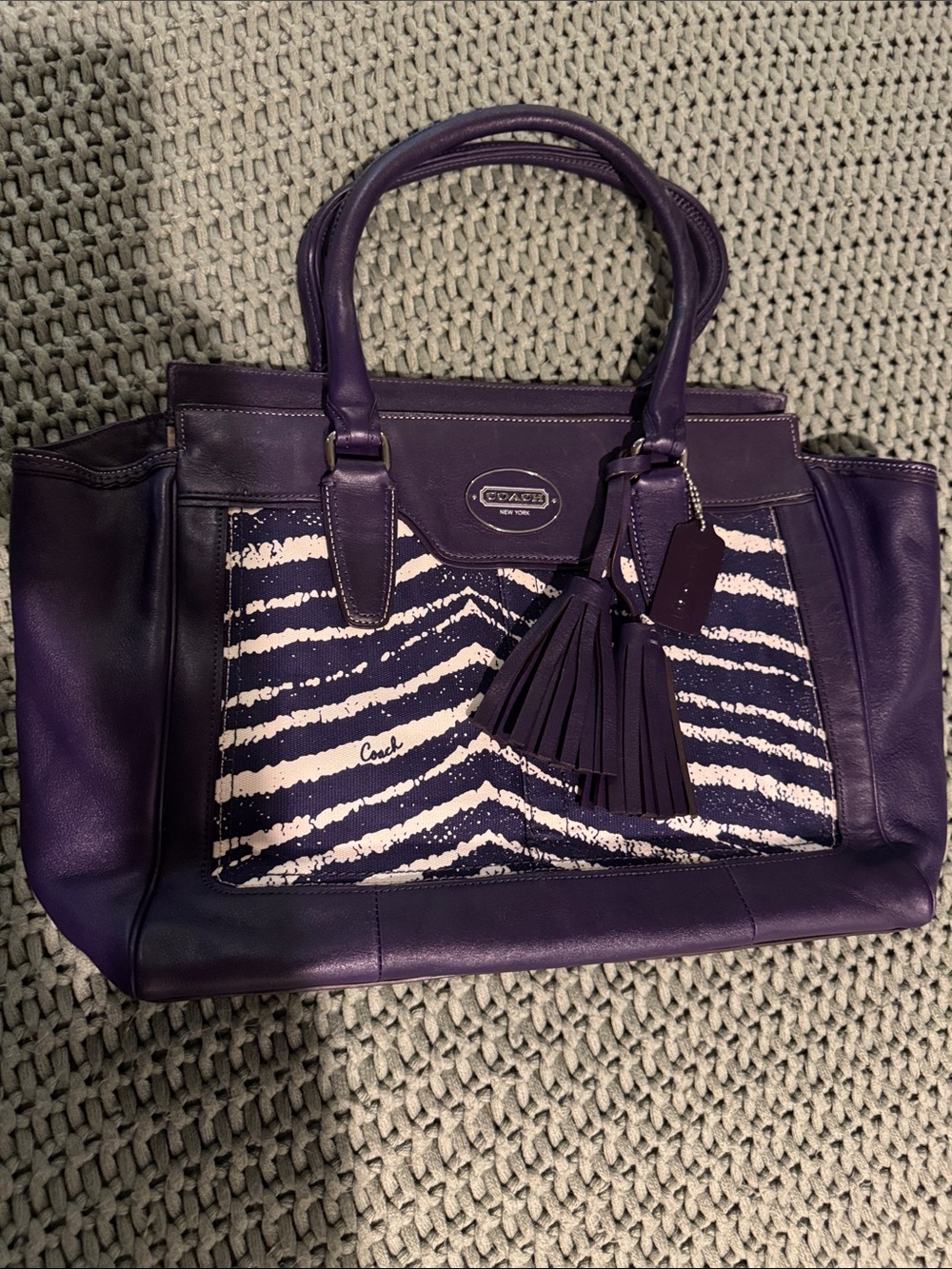 Coach Purple Leather Tote with Zebra-Print Front